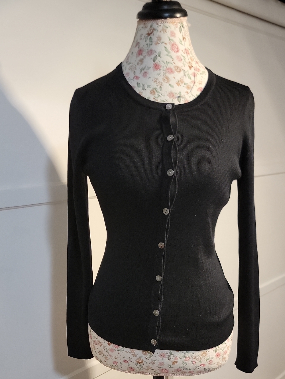 ANN TAYLOR Classic Black Button-Front Knit Cardigan SIZE SMALL